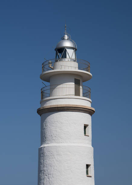 White lighthouse against a blue sky close-up. Port de Soller, Mallorca, Spain