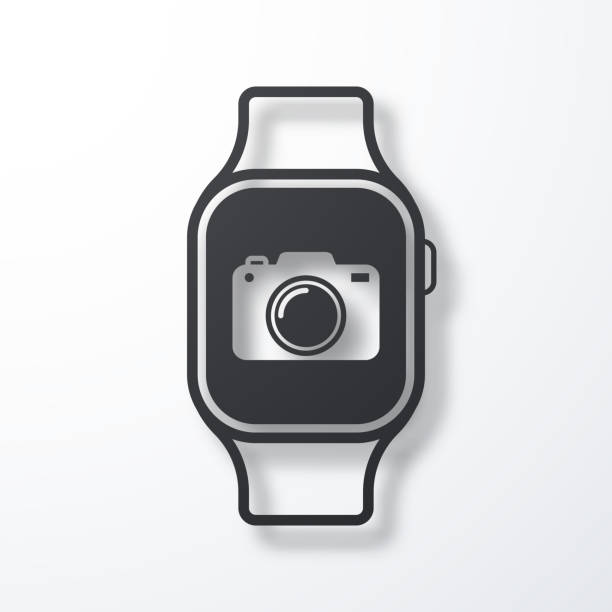 ilustrações de stock, clip art, desenhos animados e ícones de smartwatch with camera. icon with shadow on white background - conference call flash