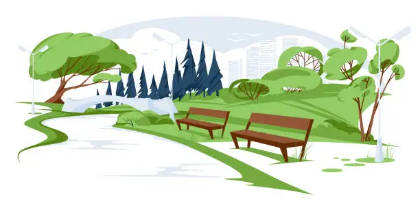 Vector illustration of Empty spring or summer city park landscape. A bridge and a river in the middle of a green meadow. Skyscrapers Vector flat illustration