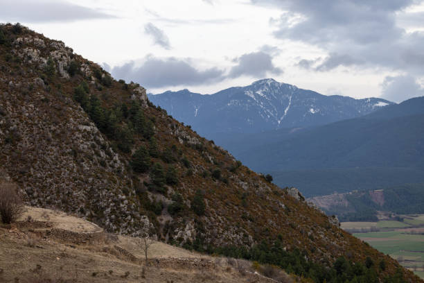 Behold the grandeur of the Pyrenean mountains, where majestic peaks stand in harmony with lush, enchanting forests. Explore the timeless beauty of this alpine landscape.