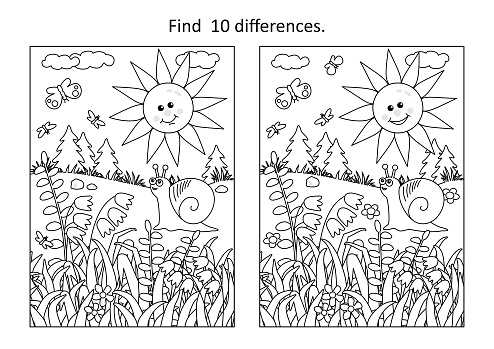 Difference game with sun, snail, butterflies and wildflowers. Spring or summer. Black and white.