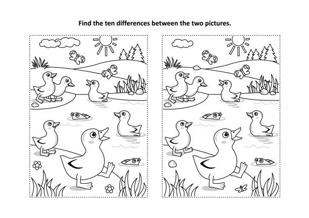 Vector illustration of Difference game with little playful ducklings on the pond