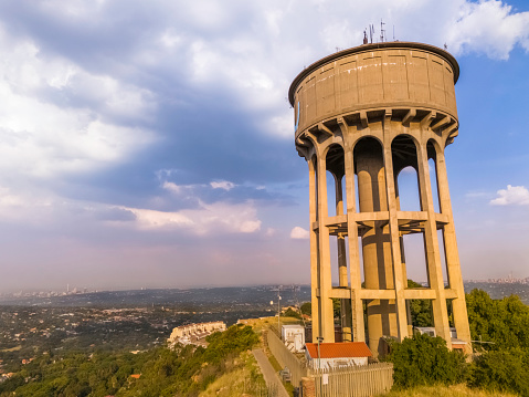 Eco Park in Northcliff Johannesburg with the water tower which is visible from all around Johannesburg city, with Sandton in the distance.