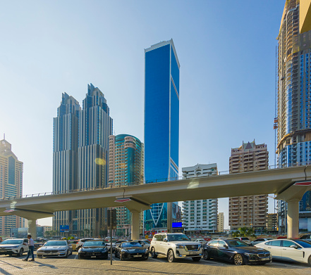 Doha, Qatar - August 13, 2023: Doha Road and traffic signs on road. selective focus.