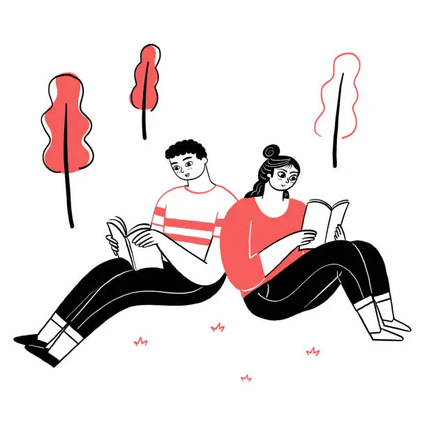 Vector illustration of Young couple or friends are sitting on their backs and reading a book.