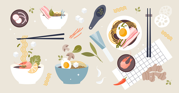 Ramen soup elements with food sticks bowls and ingredients tiny person set. Asian traditional meal with chopsticks vector illustration. Japanese noodle dish with broth, soy sauce, miso and pork meat.