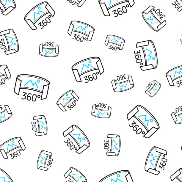 360 degree view - Virtual reality. Seamless pattern. Line icons on white background Seamless pattern with a icon of "360 degree view - Virtual reality". Black and blue line icon isolated on a blank background. Vector Illustration (EPS file, well layered and grouped). Easy to edit, manipulate, resize or colorize. Vector and Jpeg file of different sizes. 360-camera-white-background stock illustrations