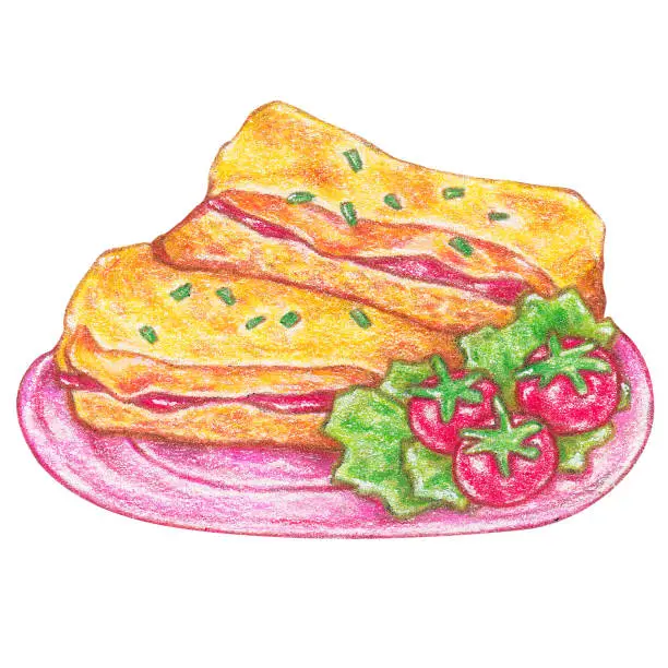 Vector illustration of croque monsieur color pencil drawing style, bread and cheese combos from around the world