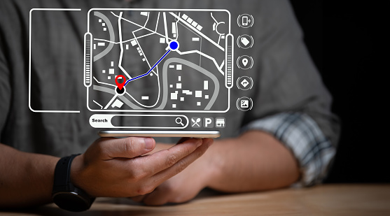 Man holding phone with GPS icon. Concept of mobile navigation,pin address location on mobile apps