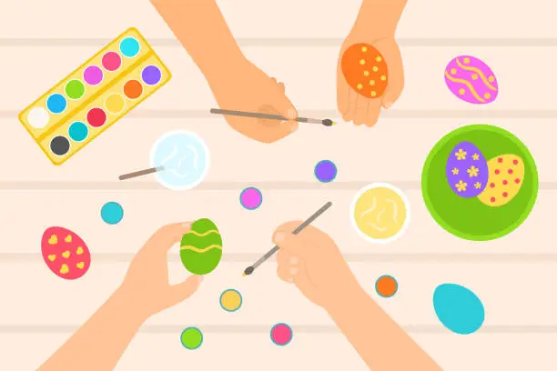 Vector illustration of Children Painting Easter Eggs With Paintbrushes. High Angle View Of Desk With Color Paints And Painted Eggs. Happy Easter Day