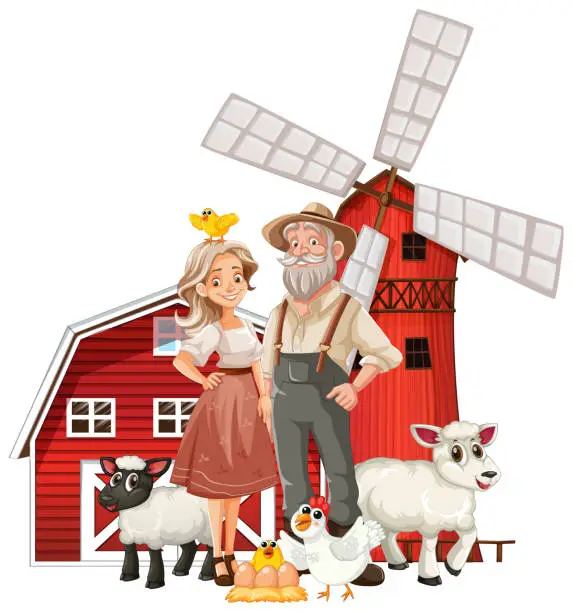 Vector illustration of Illustration of farmers with animals by a windmill.