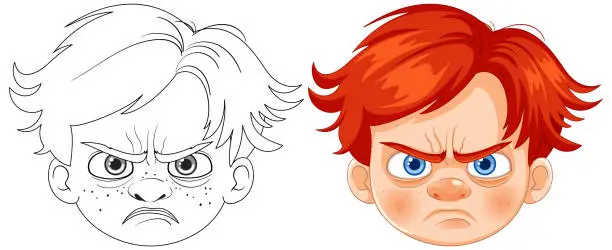 Vector illustration of Two cartoon faces showing intense anger and frustration.