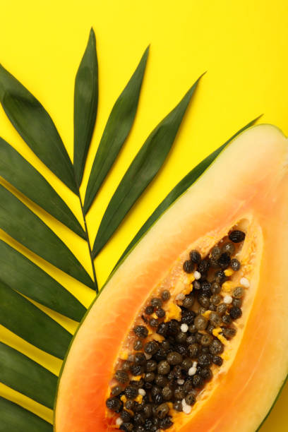 istock Papaya and palm leaf on yellow background 2075249369
