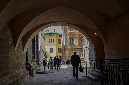 Ukraine Lviv April 28, 2023 passage through an arch in a building with access to the street. this file is for editorial use only