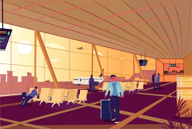 Vector illustration of Business people sitting and walking in airport terminal, business travel concept.