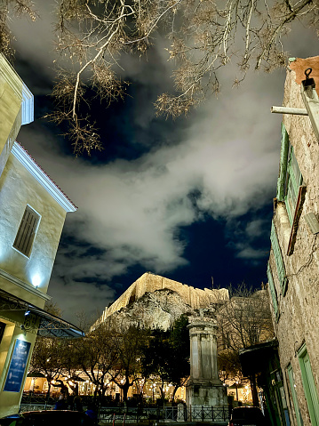 the Acropolis of Athens, the view from the street in the night