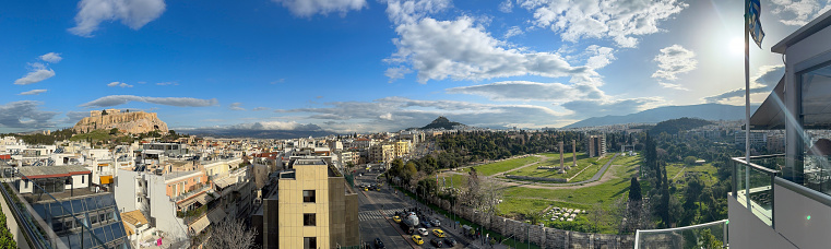 Panorama of Temple of Olympian Zeus and the Acropolis of Athens, the view from the terrace