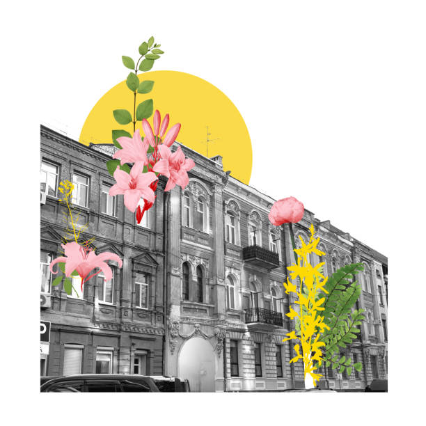 istock Creative collage with monochrome old building and colorful blooming flowers against light background with yellow element. Urban theme 2075271769