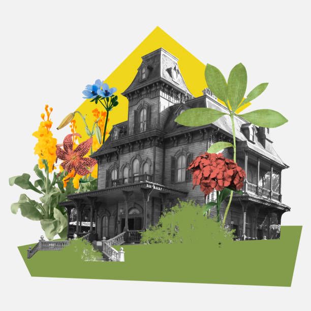 Creative collage with monochrome Victorian house surrounded by various colorful flowers. Advertisement for urban hotel highlighting unique architectural charm.
