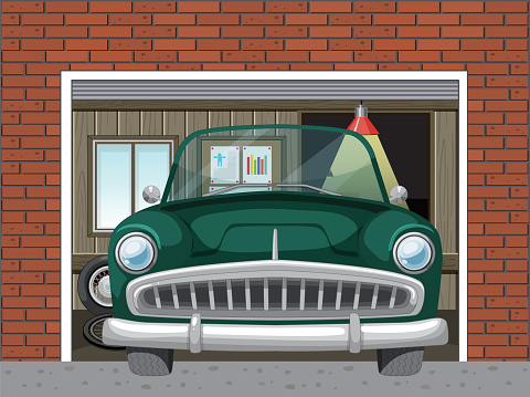Classic green car inside a residential garage