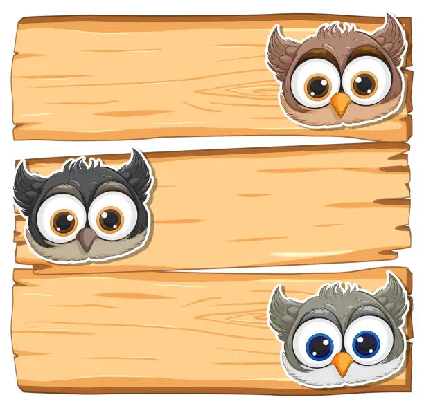 Vector illustration of Three cartoon owls perched on wooden planks