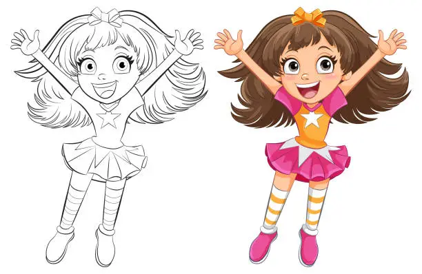 Vector illustration of Colorful and black-and-white illustrations of a joyful girl