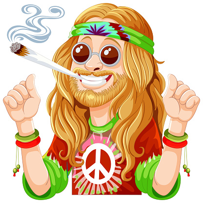 Cartoon hippie with peace sign and smoking joint.