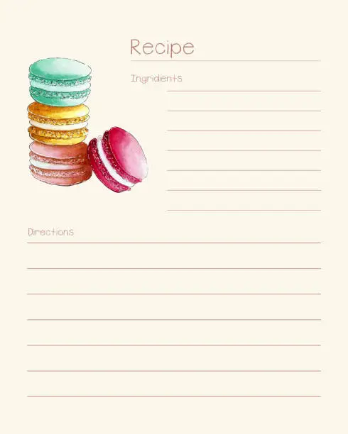 Vector illustration of Recipe template for notes with watercolor macaroons hand drawn.