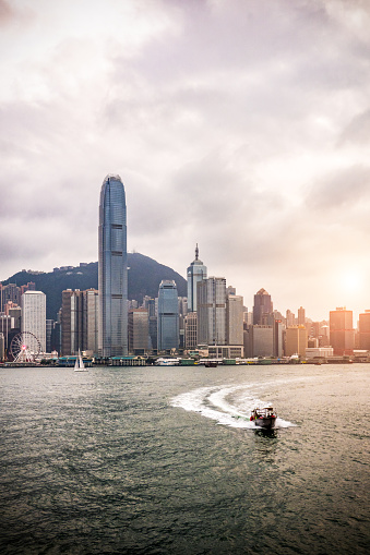 Hong Kong, China aerial view of the cityscape at Victoria Harbor.