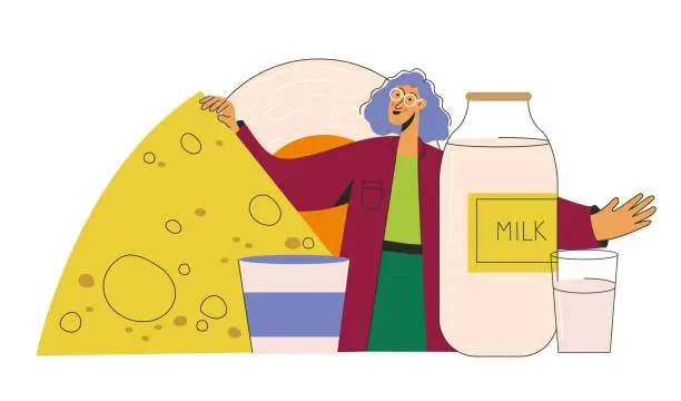 Vector illustration of Farmer woman selling farm fresh milk, cheese and cottage cheese, Farm dairy agriculture products