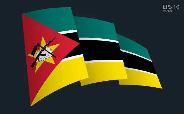 Vector illustration of Waving Vector flag of Mozambique. National flag waving symbol. Banner design element.