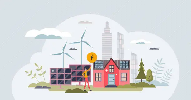 Vector illustration of Renewable energy sources with solar and wind power tiny person concept