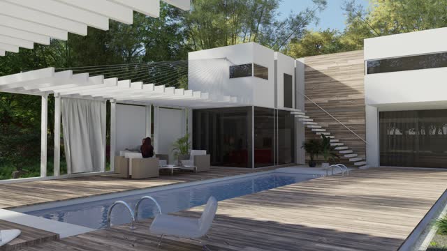 House exterior with a pool and a sitting area with a pergola animation