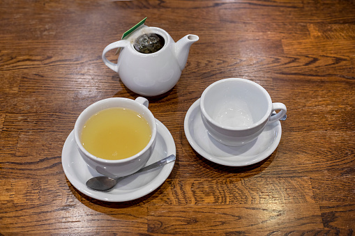 two cups of ginger tea and an empty one next to the teapot on the table.
