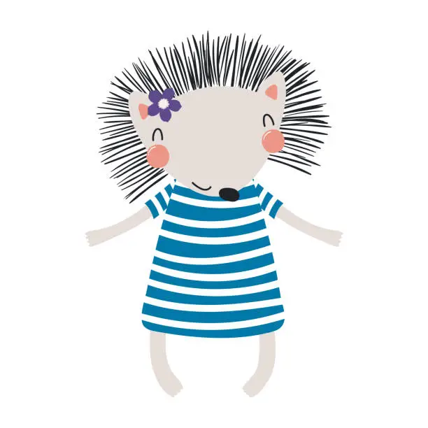 Vector illustration of Cute hedgehog wearing summer dress cartoon character illustration. Hand drawn Scandinavian style flat design, isolated vector. Kids summer print element, animal on holidays, vacations, beach