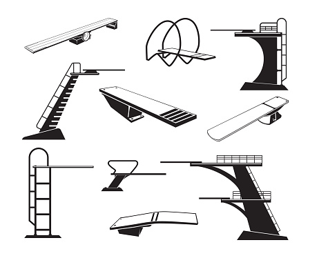 Diving board icon swimming pool sport tool furniture black monochrome set isometric vector illustration. Stairs platform with railings different shape for dive jumping underwater swimmer springboard