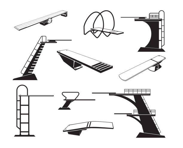 Diving board icon swimming pool sport tool black monochrome set isometric vector illustration Diving board icon swimming pool sport tool furniture black monochrome set isometric vector illustration. Stairs platform with railings different shape for dive jumping underwater swimmer springboard floating dock stock illustrations