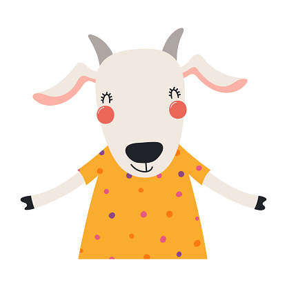 Cute goat wearing summer dress cartoon character illustration. Hand drawn Scandinavian style flat design, isolated vector. Kids summer print element, animal on holidays, vacations, beach