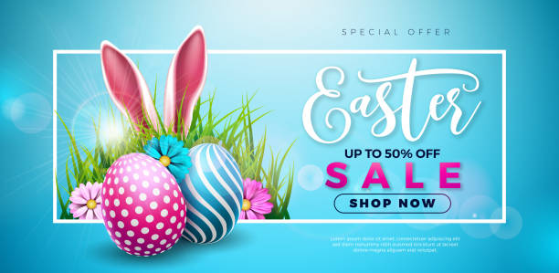 istock Easter Sale Illustration with Color Painted Egg, Spring Flower and Rabbit Ears on Blue Background. Vector Holiday Celebration Design Template for Coupon, Banner, Voucher or Promotional Poster. 2075301744