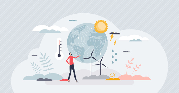 Climatology as knowledge about climate and weather tiny person concept. Atmosphere patterns analyze and research with temperature, pressure, and precipitation condition measurement vector illustration