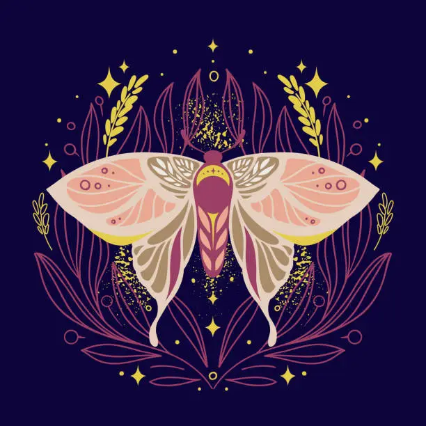 Vector illustration of night butterfly with leaves