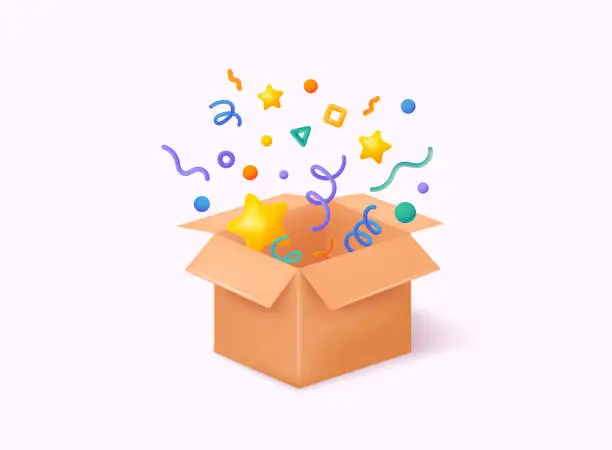 Vector illustration of Open box with colorful confetti. 3D Web Vector Illustrations.