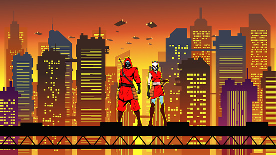 An anime style vector illustration of a ninja couple standing on a platform with futuristic city in the background. Easy to grab and edit. Spaces available for your copy.