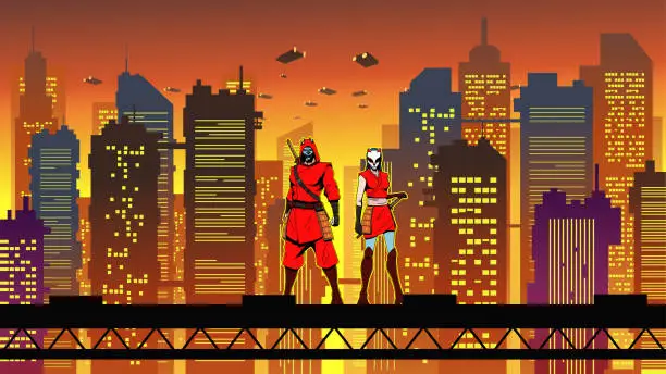 Vector illustration of Vector Cyberpunk Ninja Couple in a Futuristic City Area Stock Illustration