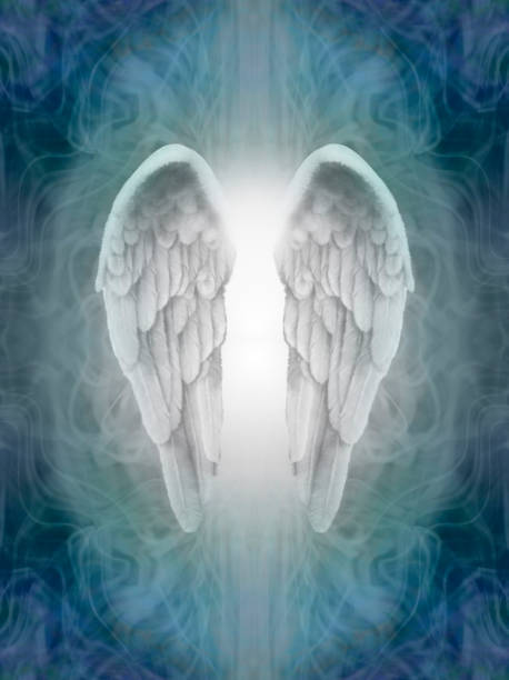 This vertical, high-angle portrait features a young woman costumed as an angel, complete with large white feather wings and a luminous halo, who is wearing a simple white sleeveless garment and holding a stack of three wrapped presents tied with red ribbons. This image is suitable for themes related to Christmas, holiday giving, charity, spiritual concepts, blessings, or fantasy representations of messengers and goodwill.
