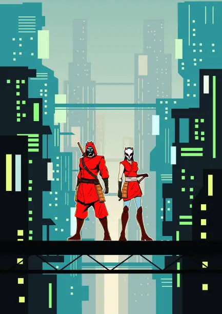 Vector illustration of Vector Cyberpunk Ninja Couple in a Futuristic City Area Stock Illustration