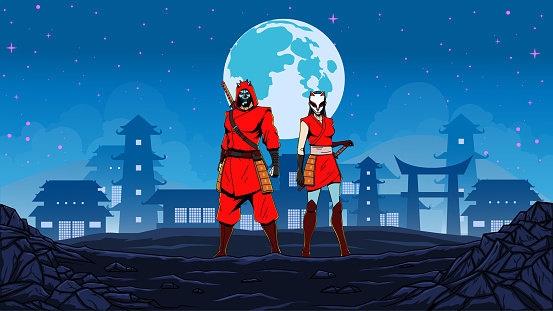 An anime style vector illustration of a ninja couple standing on a ground with ancient Japanese city skyline in the background. Easy to grab and edit. Spaces available for your copy.
