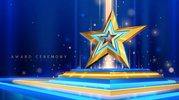 istock 3D gold star award on display stand with sparkling decoration on blue spotlight background. 2075358432