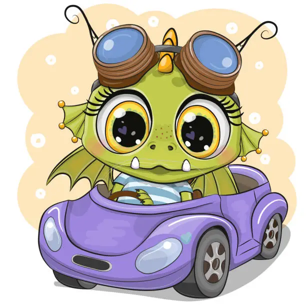 Vector illustration of Cartoon Dragon with glasses goes on a Purple car