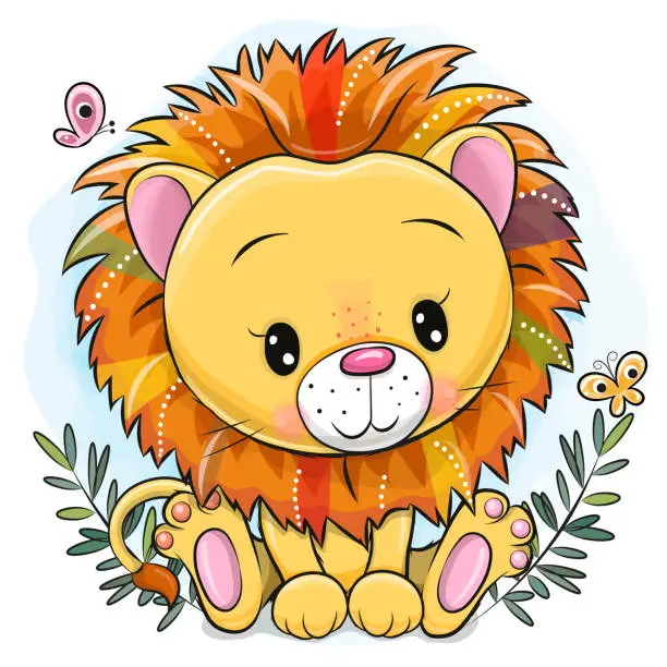 Vector illustration of Cute Cartoon lion with butterflies